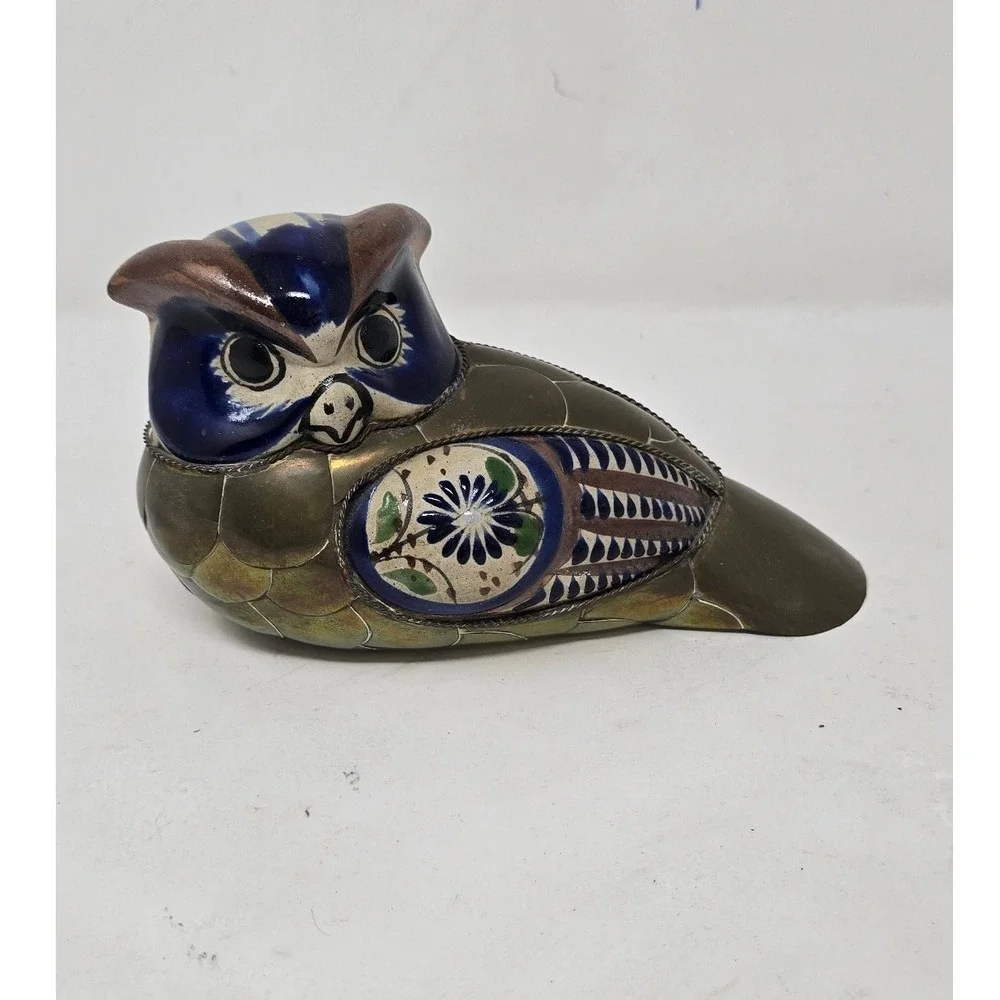 Vtg‎ Tonala brass and pottery owl figurine folk art blue white porcelain MCM